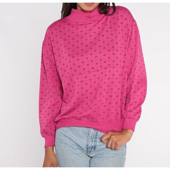 Vintage 1980 Vintage Mock Neck Floral Print Sweatshirt Size Large Womens Pink L - Picture 1 of 8
